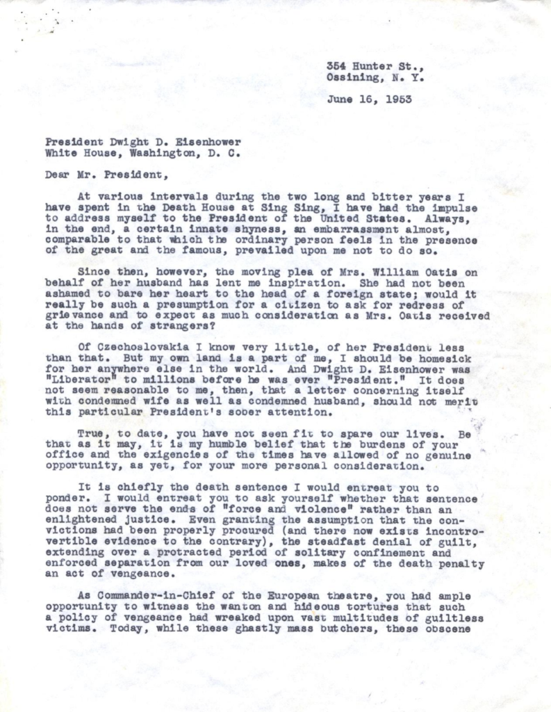 Scanned copy of a typewritten letter from Ethel Rosenberg.