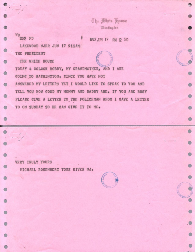 Pink telegram from Michael Rosenberg to President Eisenhower.