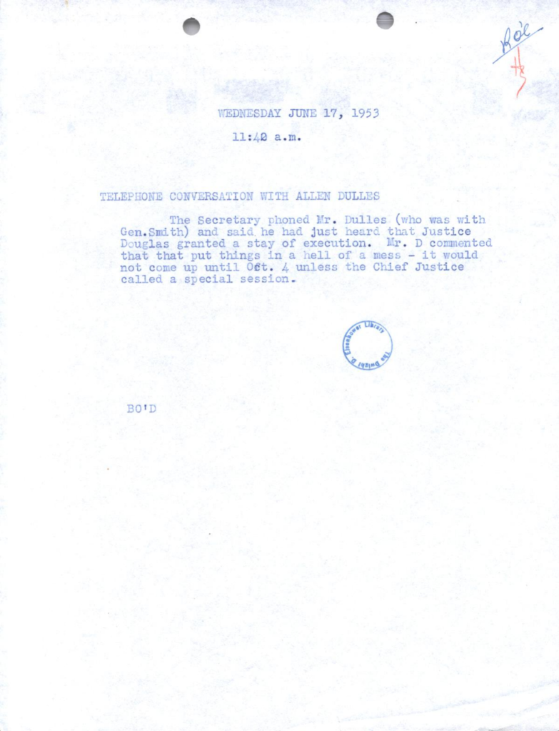 Scanned telephone conversation memorandum with blue text and an official stamp.