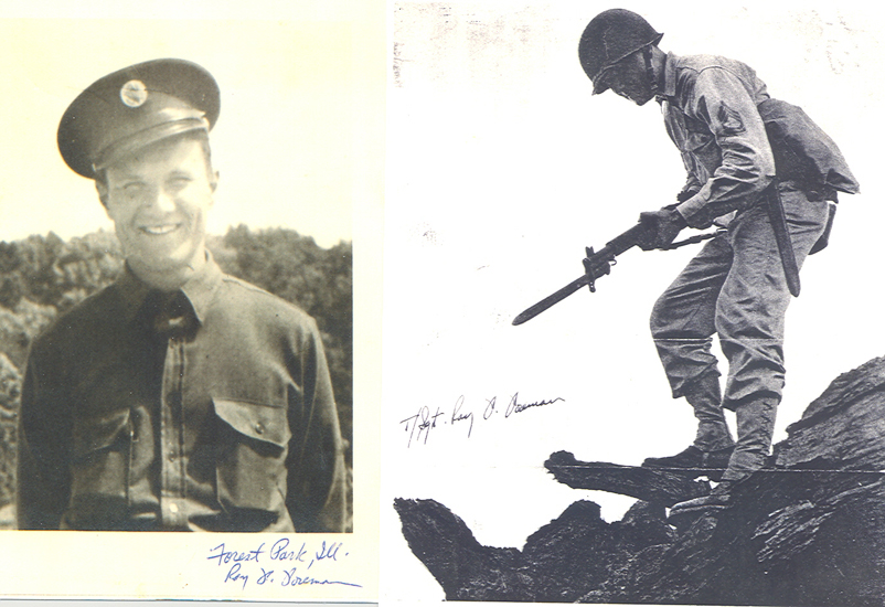 Serviceman standing beside another soldier holding a rifle.