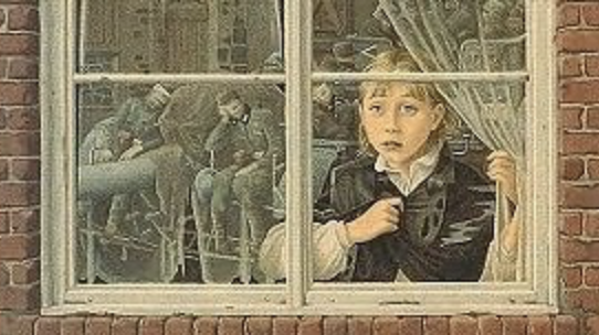 Young boy looking through a window with seated people behind him.