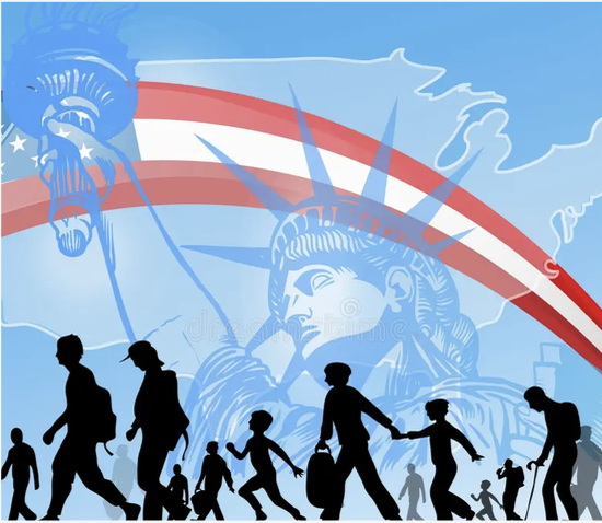 Statue of Liberty graphic with a red, white, and blue ribbon and silhouettes of people.