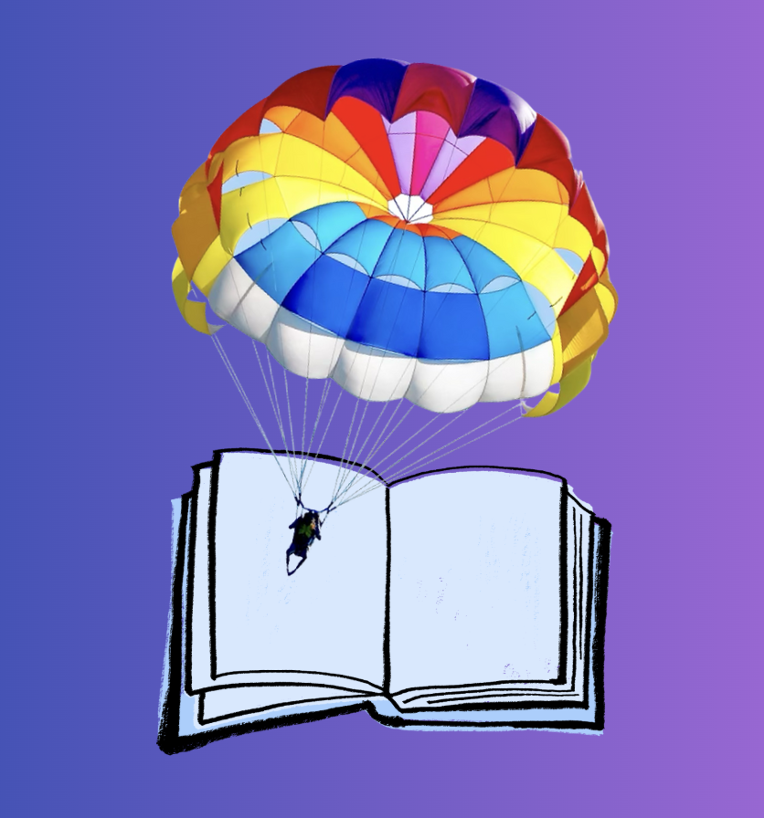 Colorful parachute descending toward an open book against a purple background.