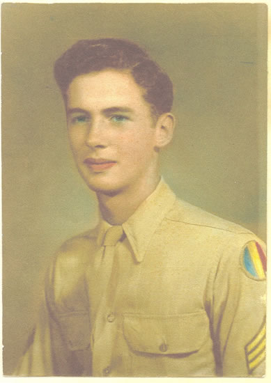 Colorized portrait of a young serviceman wearing a light-colored military uniform.