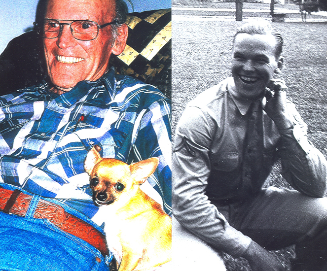 Two portraits of Thomas, including an older color image and a wartime military portrait.