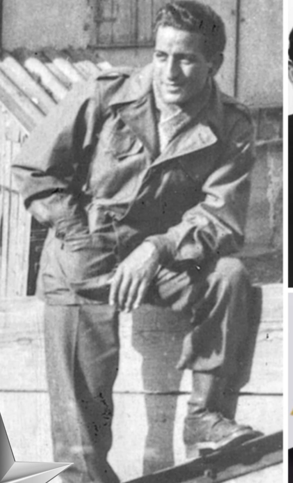 Man in military uniform standing and leaning on an outdoor bench for his photograph. The picture is black-and-white.
