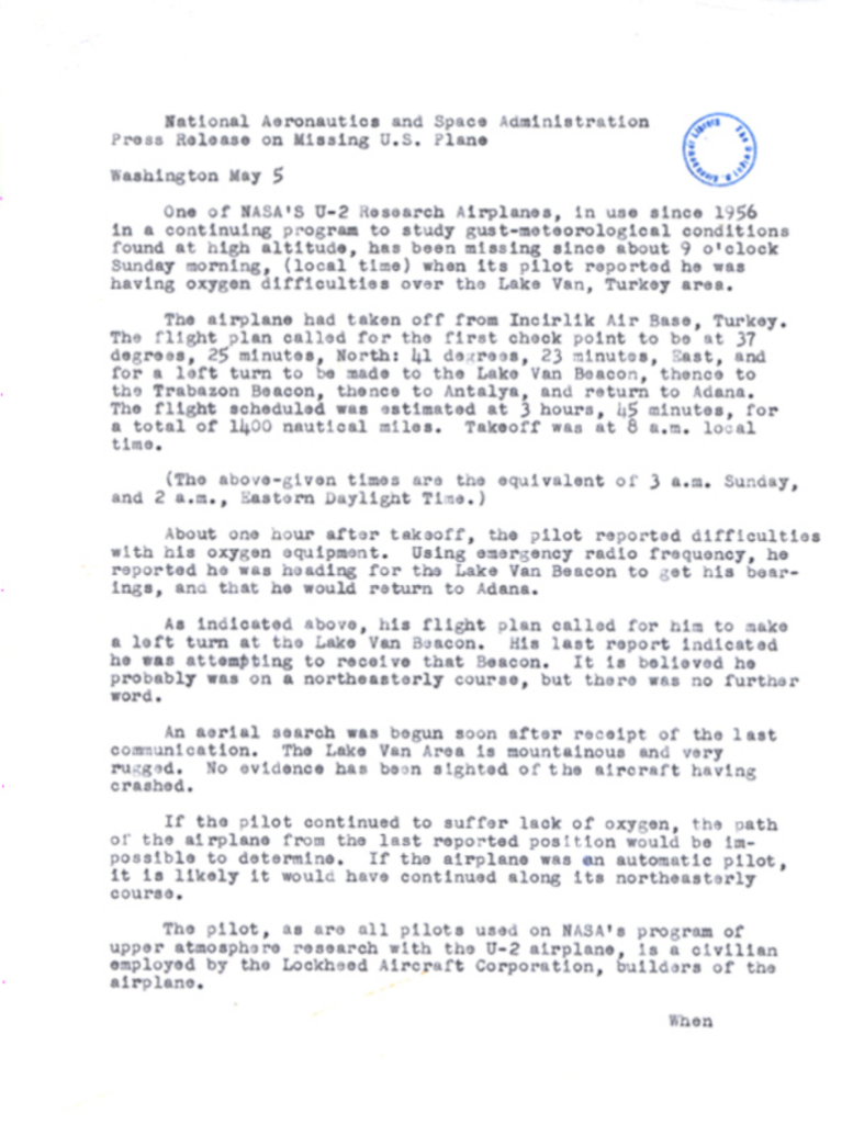 Scanned NASA press release with dense typewritten text.