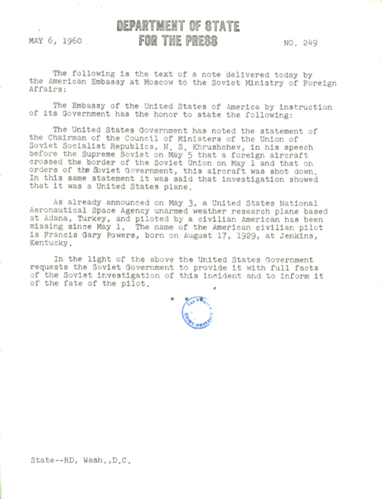 Scanned State Department press release with an official stamp.