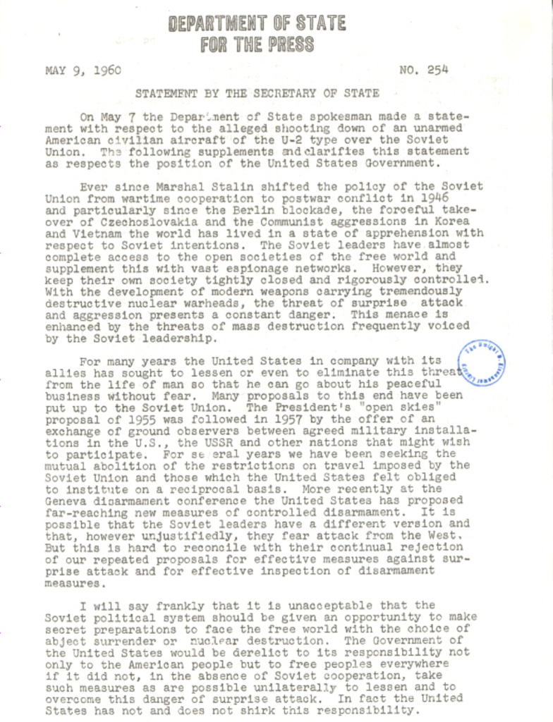 Scanned State Department press release with dense typewritten text.