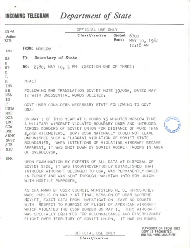Scanned typewritten State Department telegram.