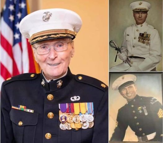 William White shown in a modern Marine Corps uniform beside two earlier military portraits.