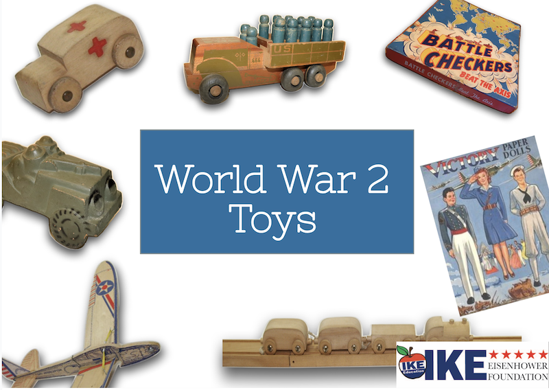 Collage of World War II-era toy vehicles, figures, and games.