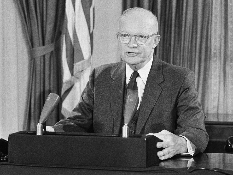 President Dwight D. Eisenhower speaking during a televised address.