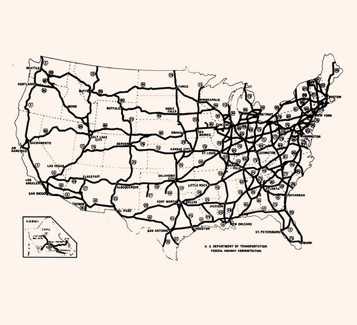 Map of the United States Interstate Highway System.