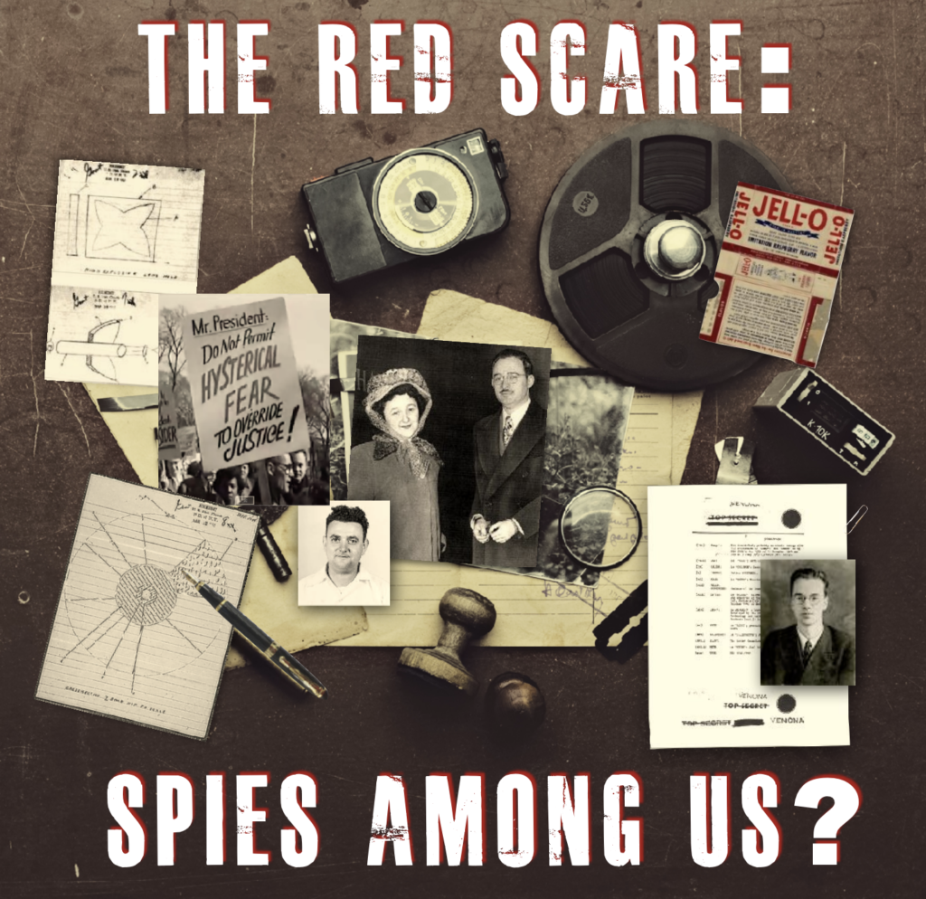 Collage of Cold War-era documents, recordings, and surveillance materials beneath the title “The Red Scare.”