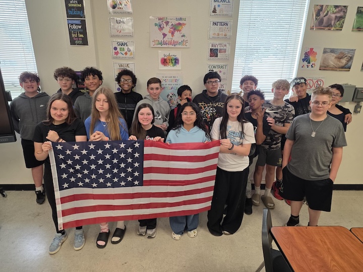 America 250 classroom wigh flag